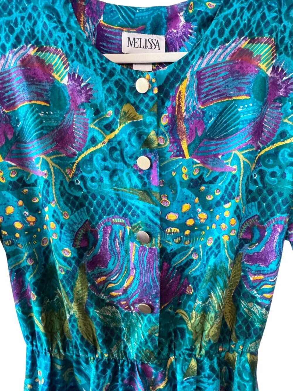 Vintage 80s Melissa Teal Abstract Tropical Print Midi Dress Pockets - Large - Picture 5 of 10